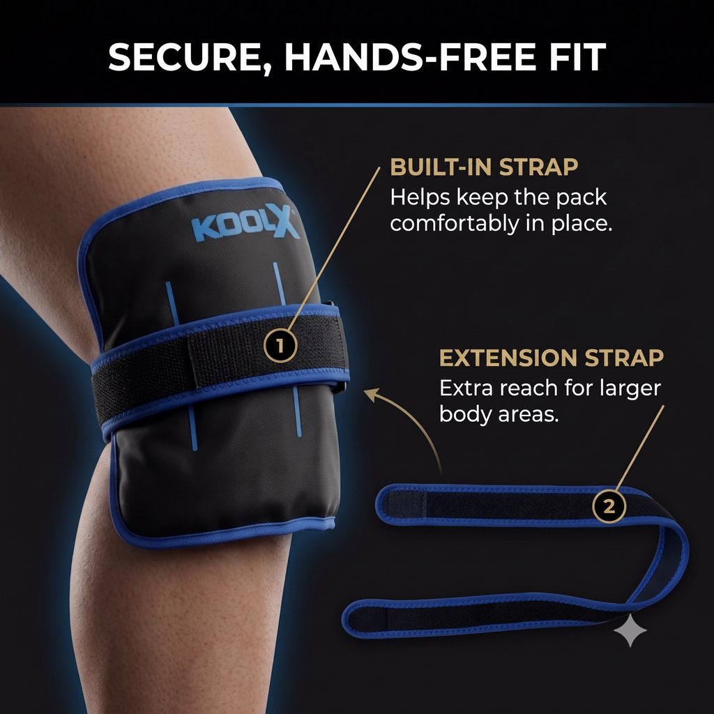2 Pack KoolX Premium Gel Ice Packs for Injuries Reusable, Flexible Cold Wraps with Straps, Soft Plush & Nylon Sides, Extension Strap, Ice Pack for Knee, Back, Shoulder, Elbow & Calf - Medium + Large