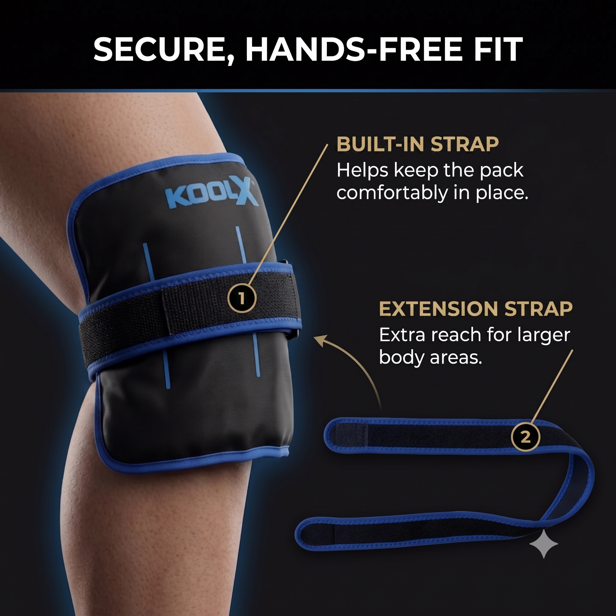 2 Pack KoolX Premium Gel Ice Packs for Injuries Reusable, Flexible Cold Wraps with Straps, Soft Plush & Nylon Sides, Extension Strap, Ice Pack for Knee, Back, Shoulder, Elbow & Calf - Medium + Large