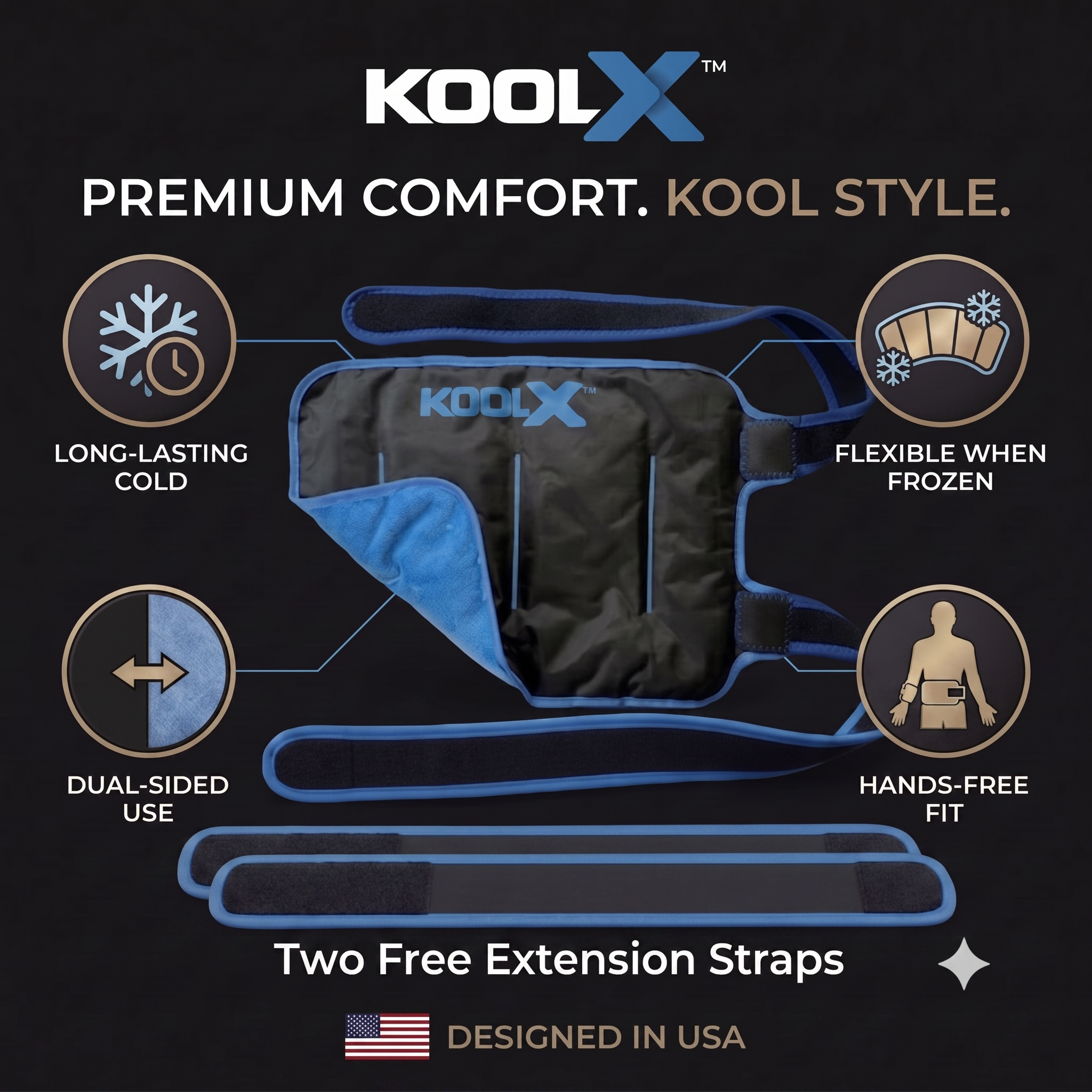 Premium Gel Ice Packs for Injuries Reusable, Flexible Cold Wraps with Straps, Soft Plush & Nylon Sides, Extension Strap, Ice Pack for Knee, Back, Shoulder, Elbow & Calf - Large