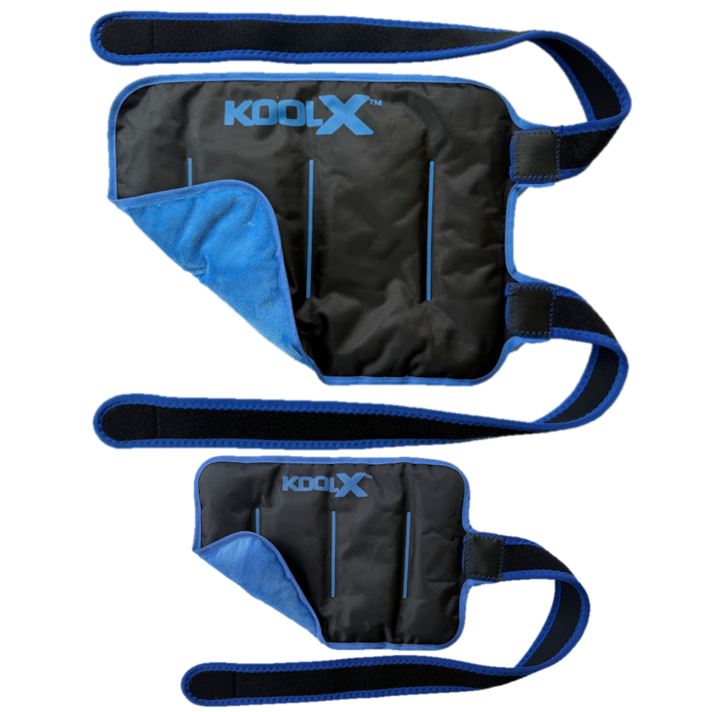 2 Pack KoolX Premium Gel Ice Packs for Injuries Reusable, Flexible Cold Wraps with Straps, Soft Plush & Nylon Sides, Extension Strap, Ice Pack for Knee, Back, Shoulder, Elbow & Calf - Medium + Large