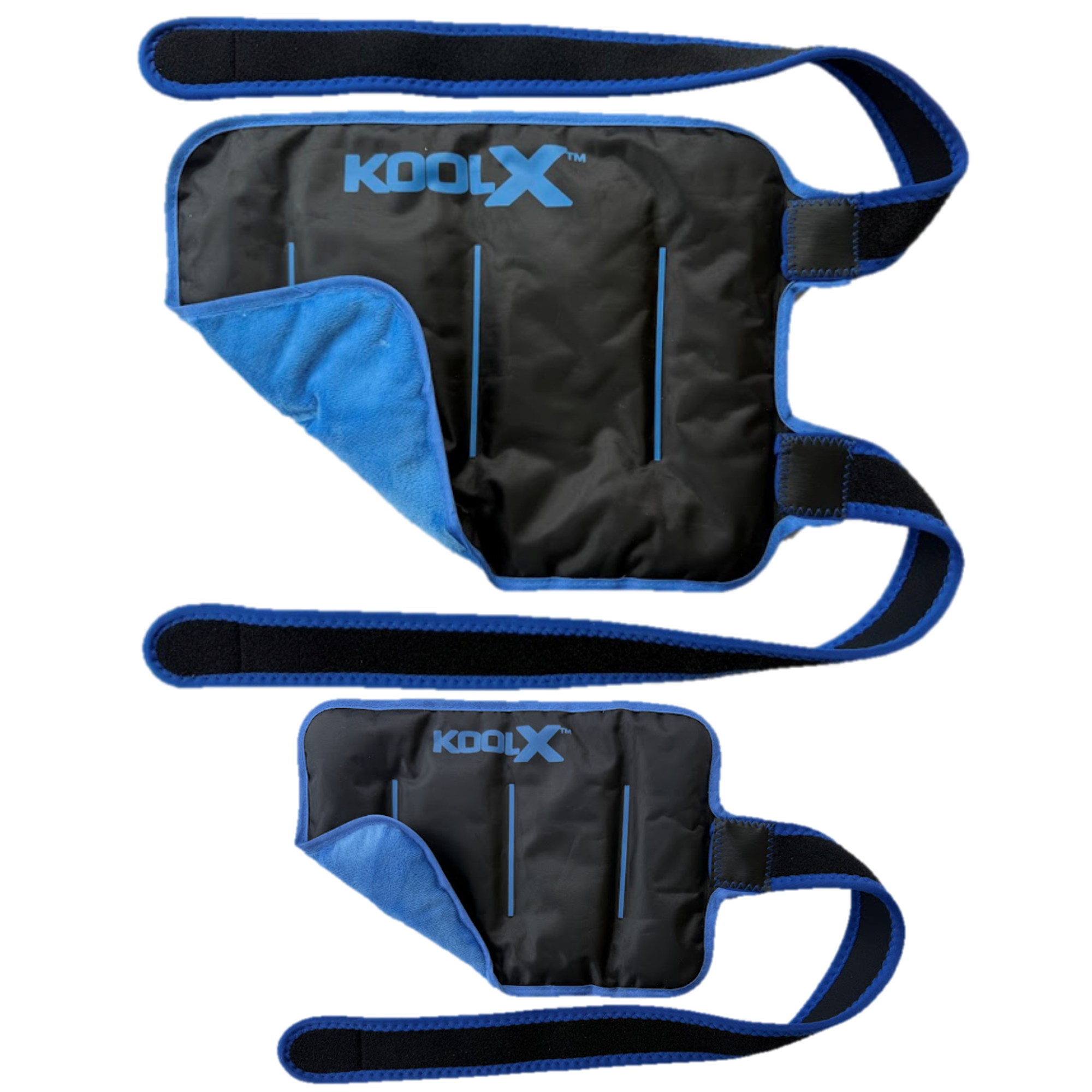 2 Pack KoolX Premium Gel Ice Packs for Injuries Reusable, Flexible Cold Wraps with Straps, Soft Plush & Nylon Sides, Extension Strap, Ice Pack for Knee, Back, Shoulder, Elbow & Calf - Medium + Large